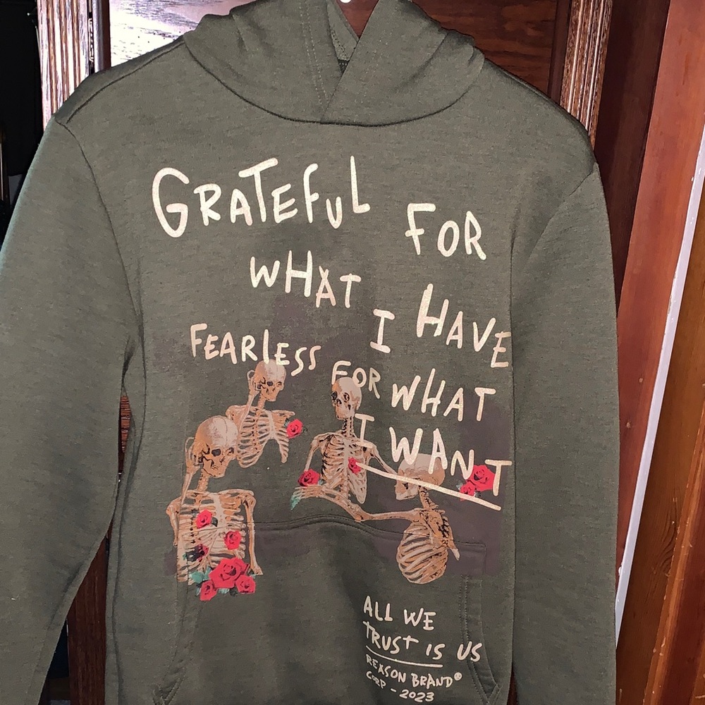 Olive Hoodie with Skeleton and Text Design